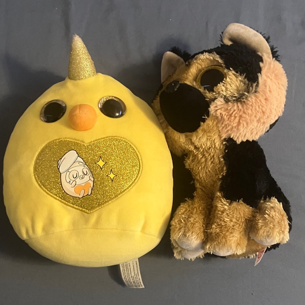 Yellow Plush Chick and Black Tan Dog Toy Set